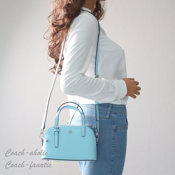 NWT Tory Burch Emerson Patent Leather Dome Satchel Crossbody in Light Celeste - Picture 2 of 11